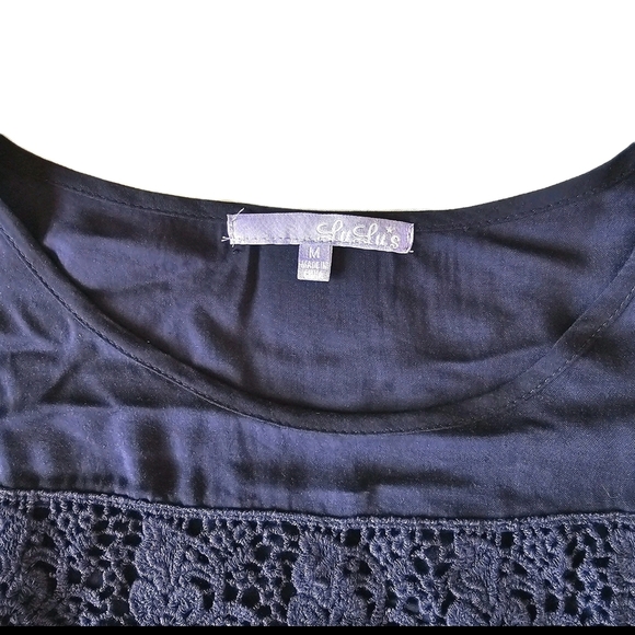 Lulu's Sleeveless Shift Navy Blue Cotton Blend Lace Accents Summer Short Dress M - Picture 9 of 11